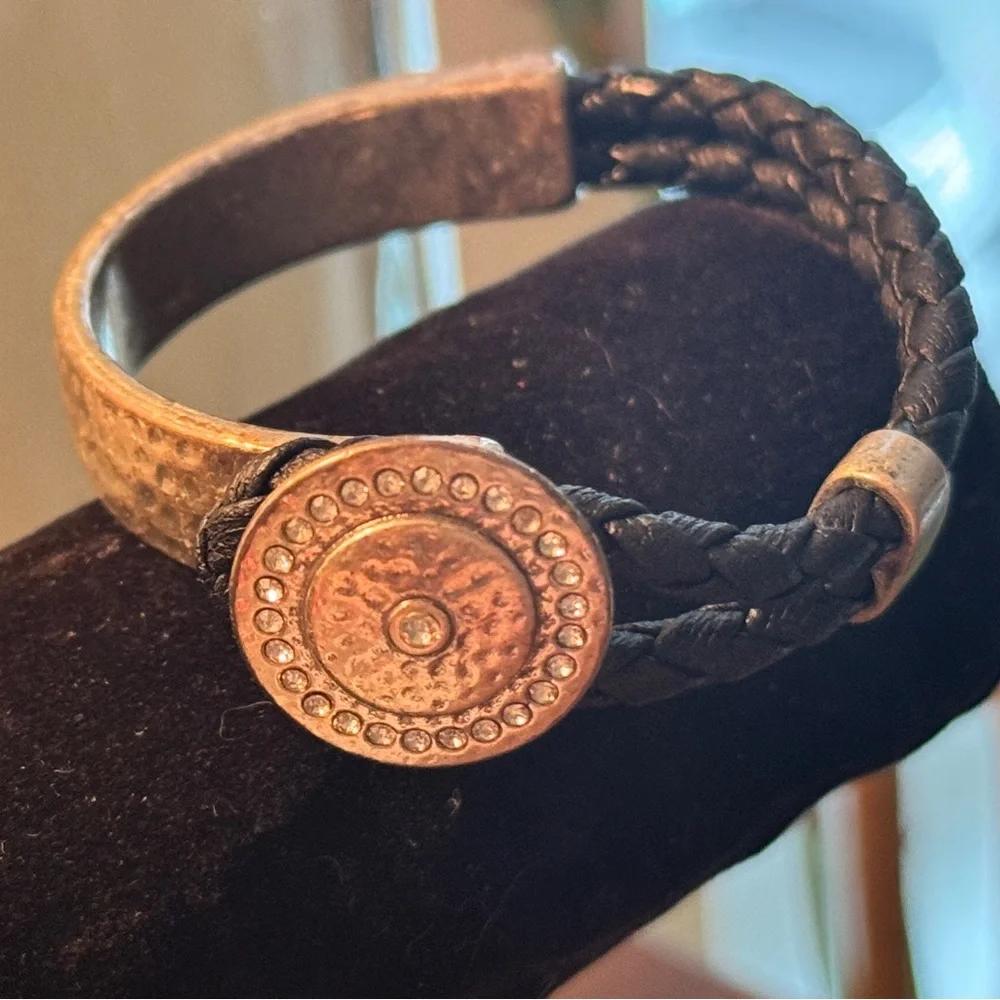 Premier Designs Black Leather  Braided Bracelet with Silver Medallion